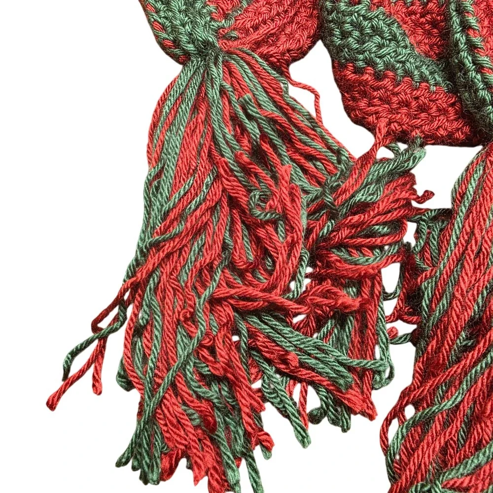Handmade Crochet Scarf Red Green Striped Winter Holiday Tassel Unisex Cozy